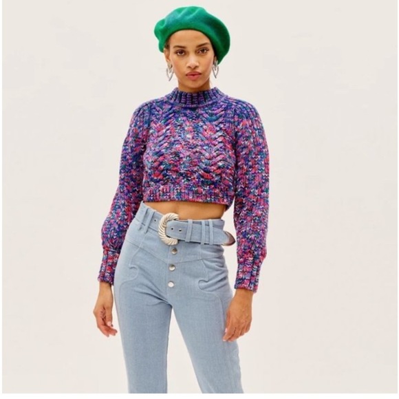 For Love And Lemons Sweater Sydney Blue Sapphire Cropped Chunky Knit - Picture 3 of 7